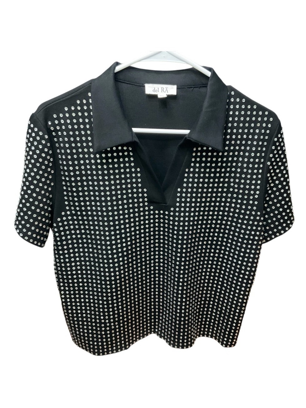del RA Black Rhinestone Embellished Polo Shirt - Glam V-Neck Top